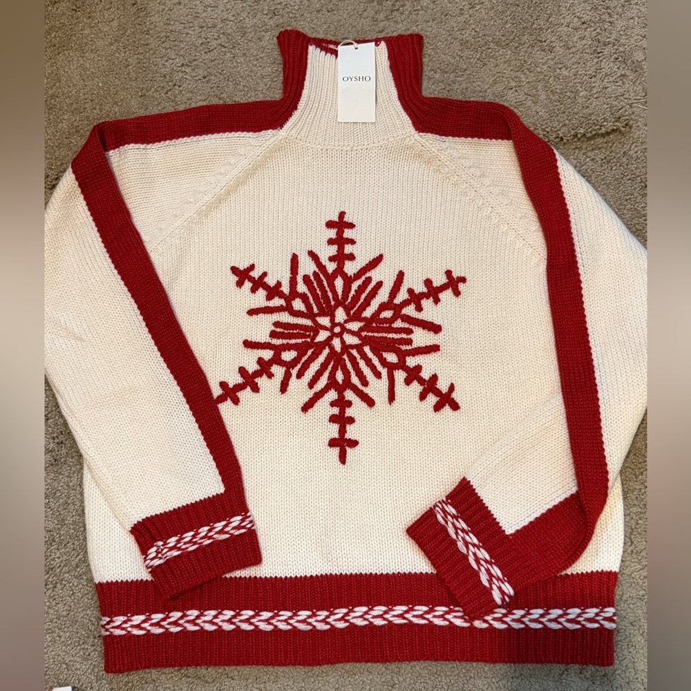 OYSHO Red and Cream Knit Snowflake Sweater